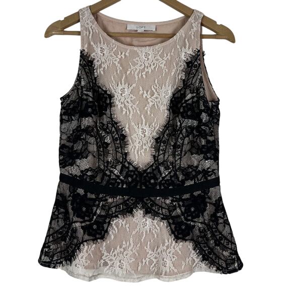 LOFT Sleeveless Top Womens 2 Cream Black Floral Eyelash Lace Overlay Coquette - Picture 1 of 8